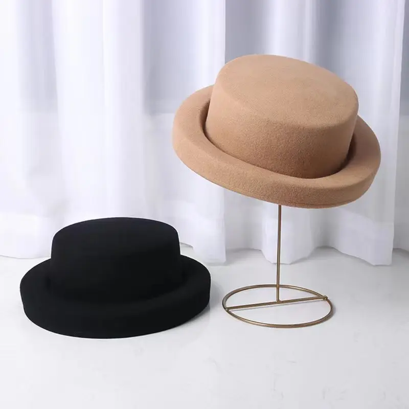 Wool Felt Fedora Hats for Women Flat Top Bucket Hat Winter Hat Black Camel Ladies Top Hat