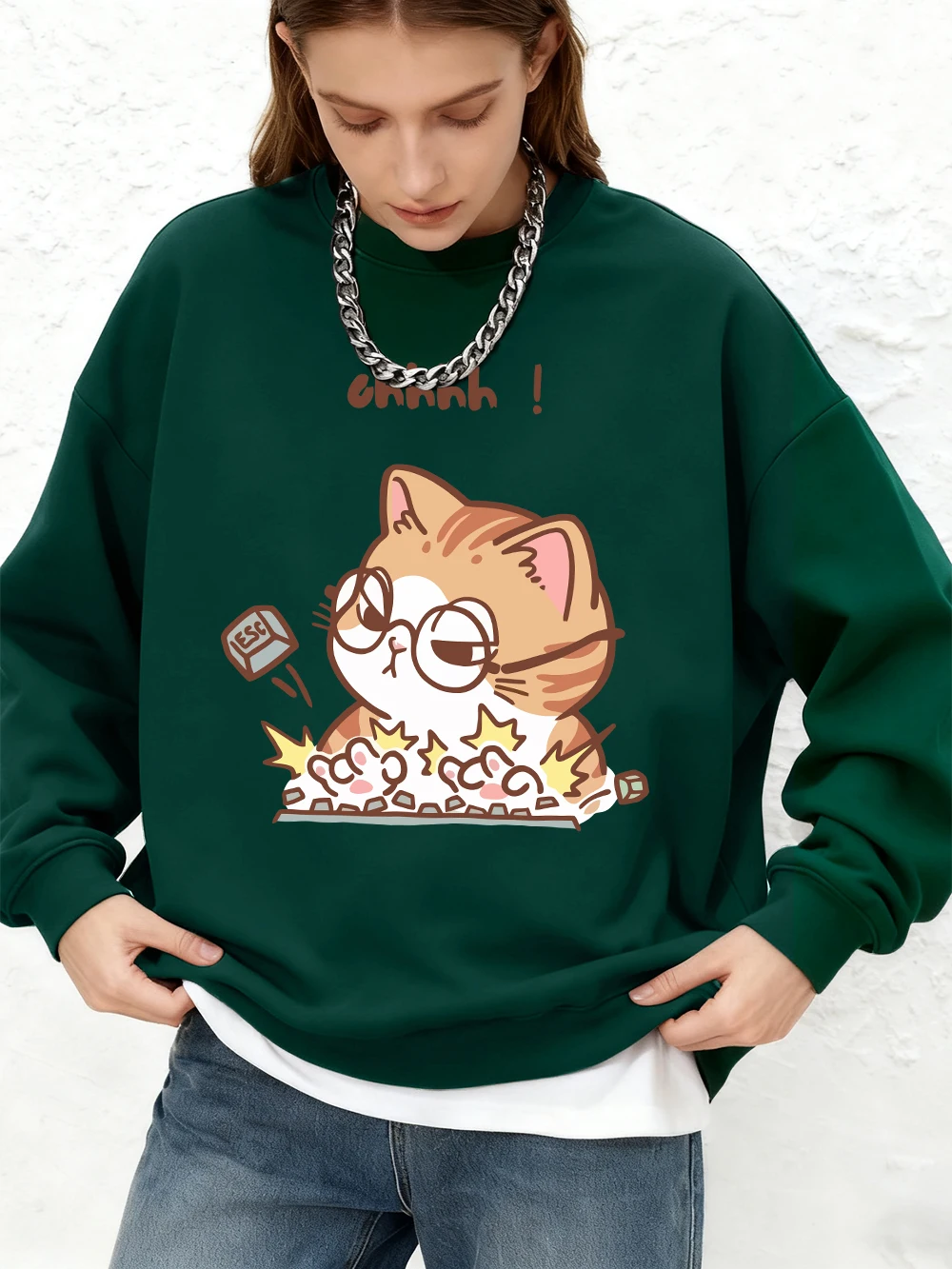 مجنون القط الكتابة بغطاء للرأس مطبوعة بشكل واسع المرأة الأساسية Crewneck المعتاد البلوز الدافئة طويلة الأكمام بلايز الشتاء عداء ببطء الملابس