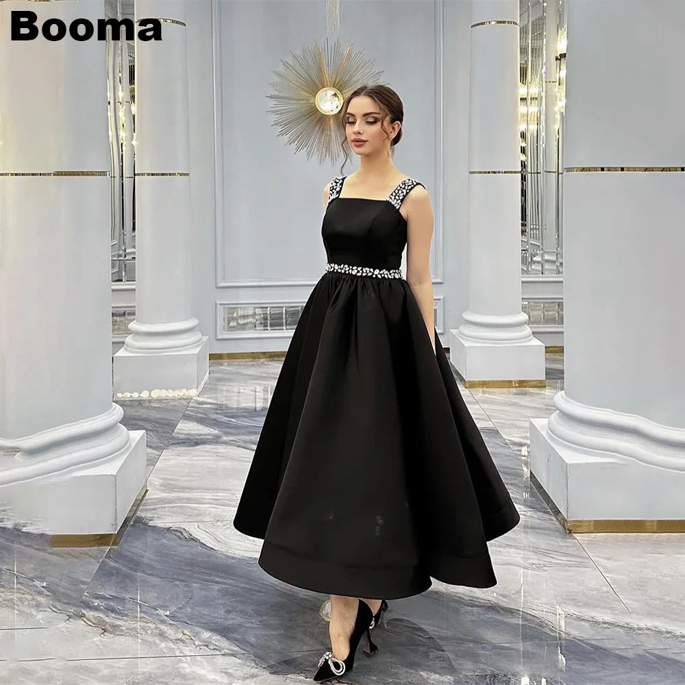 

Booma Black Saudi Arabia Evening Dresses Beading Square Collar Stain Prom Gowns A-Line Formal Party Events Dresses for Women