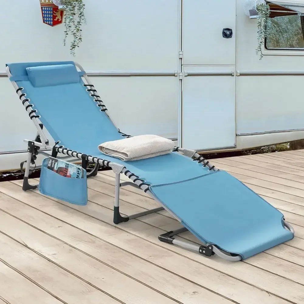5-Position Adjustable Chaise Lounge Chair with Hole and Pillow, Textilene Outdoor Patio, Beach, Pool, Suitable for Blue and Ligh