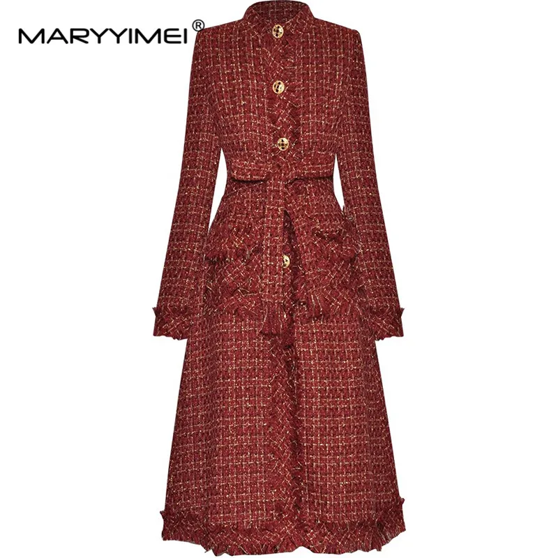 MARYYIMEI New Fashion Women\'s Autumn and Winter Coat Stand Collar Single-Breasted Long Sleeved Lace-Up Elegant Overcoat