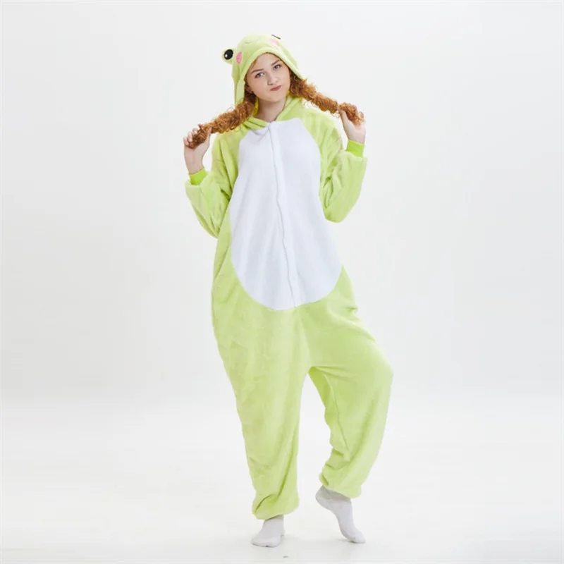 Couples Pajamas Winter Cute Animal Frog Onesies Thermal Flannel Cosplay Costume Long Sleeves One-piece Sleepwear Hooded Onesies