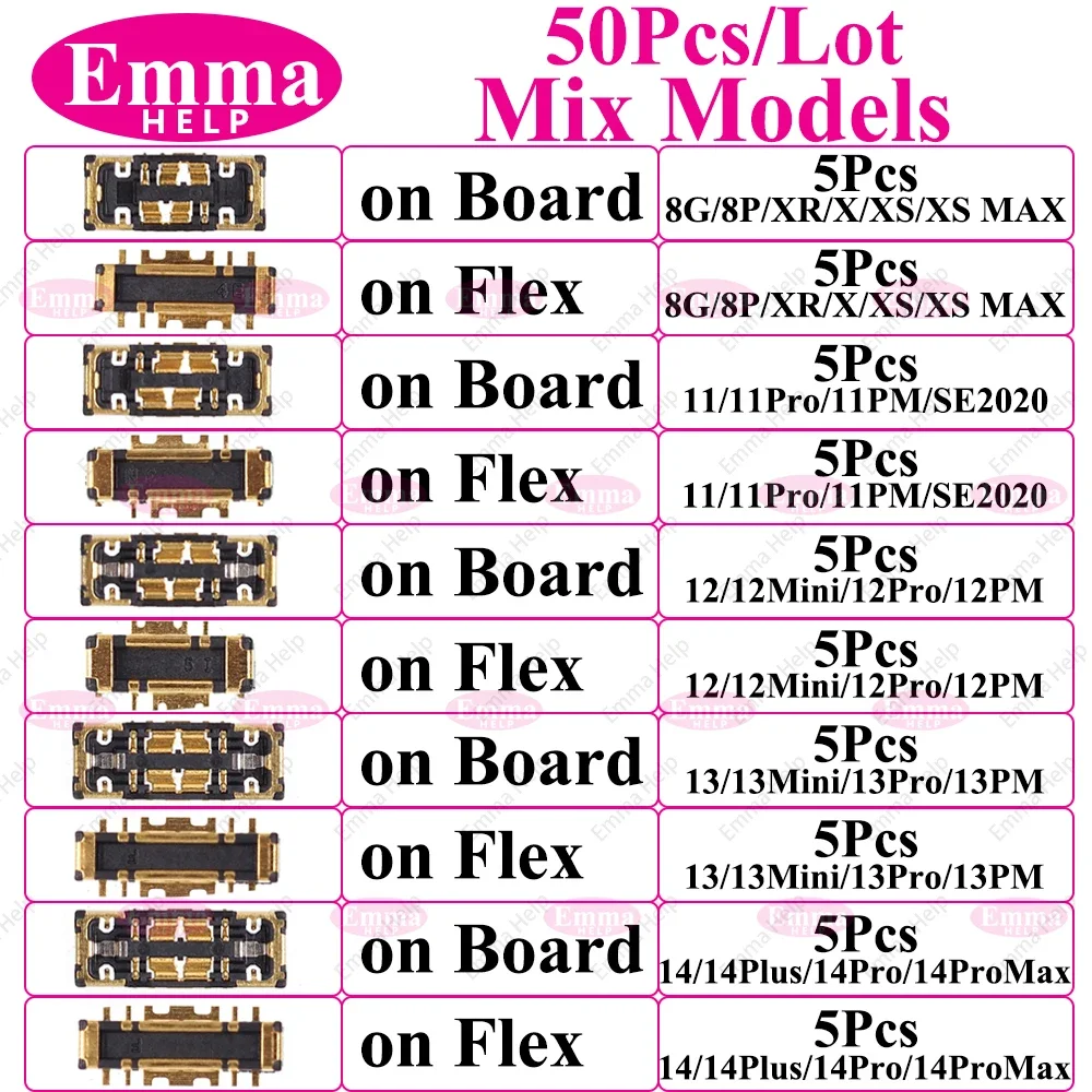 EmmaHelp 10-50pcs Battery FPC connector For iphone 8 Plus  X 11 Pro Max 12 13 14 15 on Board  Flex Clip Plug Flex Cable Parts