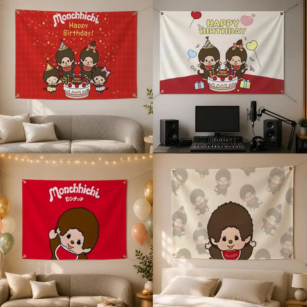 Bandiere Monchhichi con Personaggi, Bandiera da Appendere per Camera da Letto, Dormitorio, Soggiorno, Feste, Festival, Campeggio, Decorazione Interna