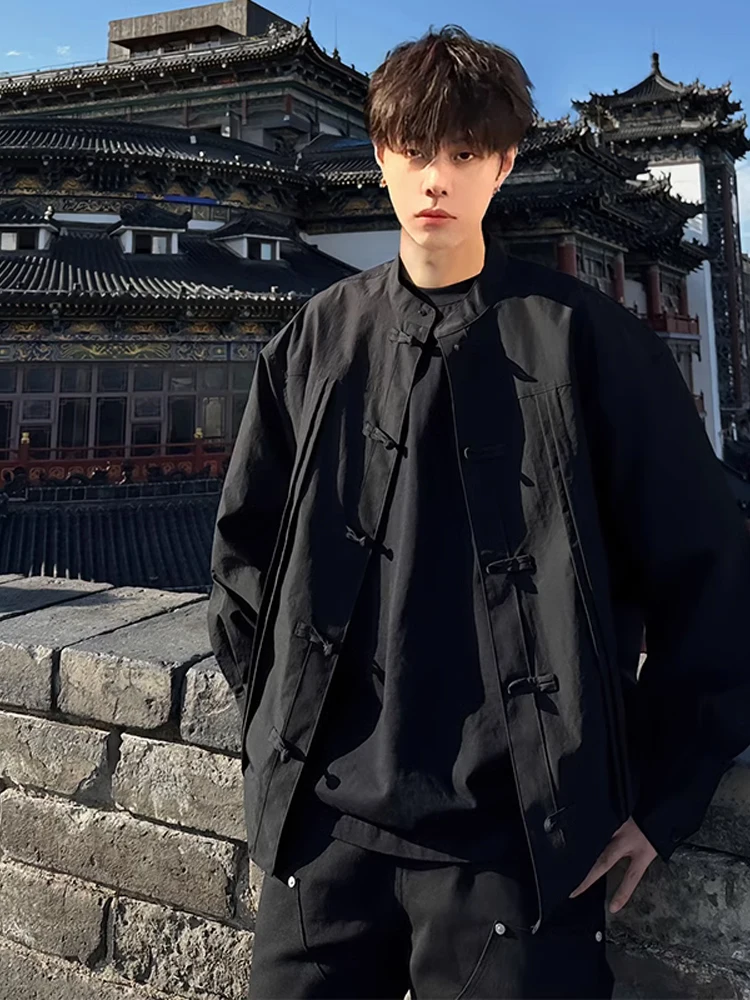 

New Chinese Sle Men's irt Tang Suit Long Sve Stand Collar Button Casual Outerwear Autumn Season Polyester Fiber