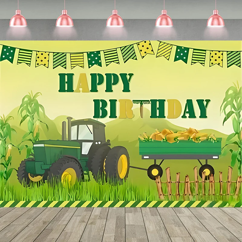 Photography Backdrop Green Farm Tractor Start Fence Wheat Poster Happy Birthday Party Decor Background Portrait Shooting Banner