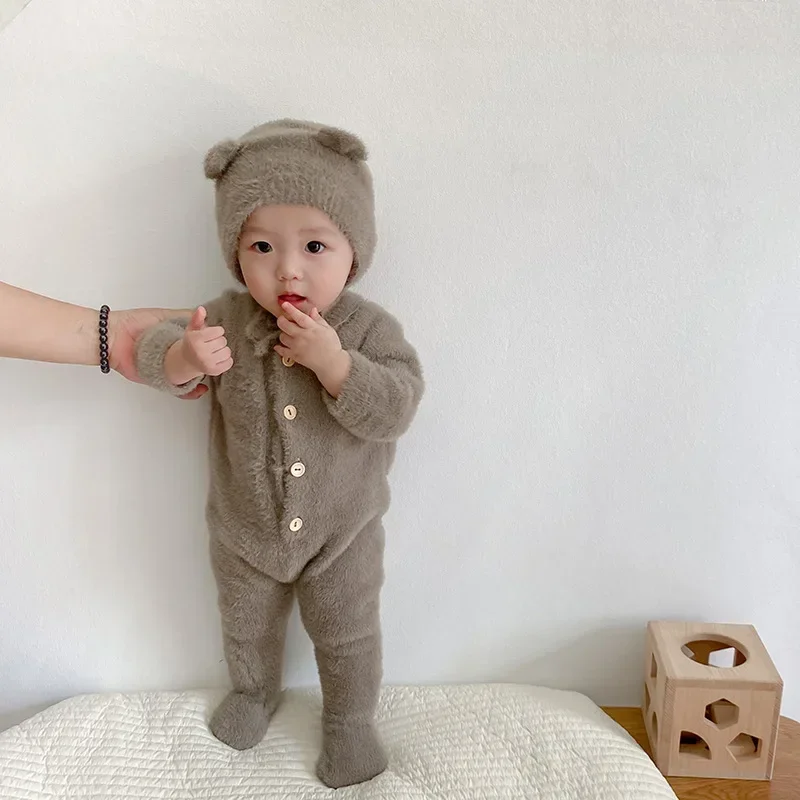 2Pcs Baby Winter Jumpsuits Hat Faux Fur Footed Newborn Romper for Girls Boys Clothes Soft Warm Toddler Outfit Set Kids Clothing