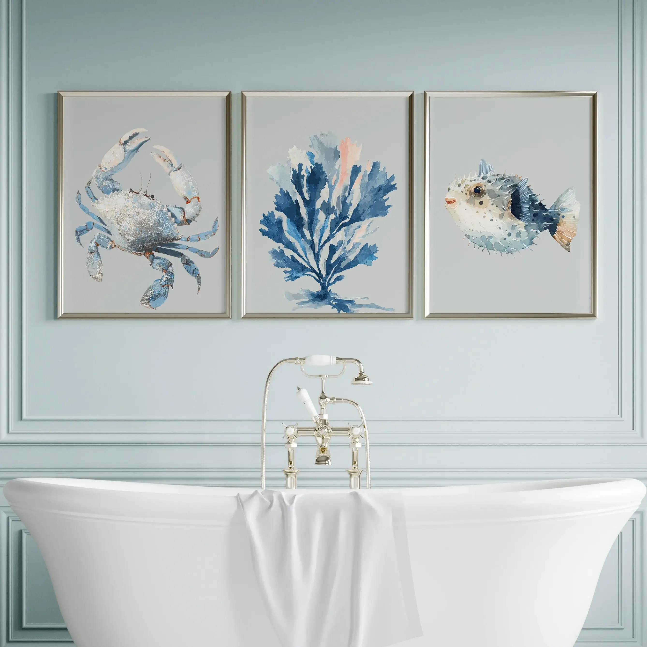 Multiple sizes 3pcs frameless Canvas Painting,3pcs Blue Seaside-Themed Art Posters Crabs, Seaweed, and Pufferfish Marine Life Ca