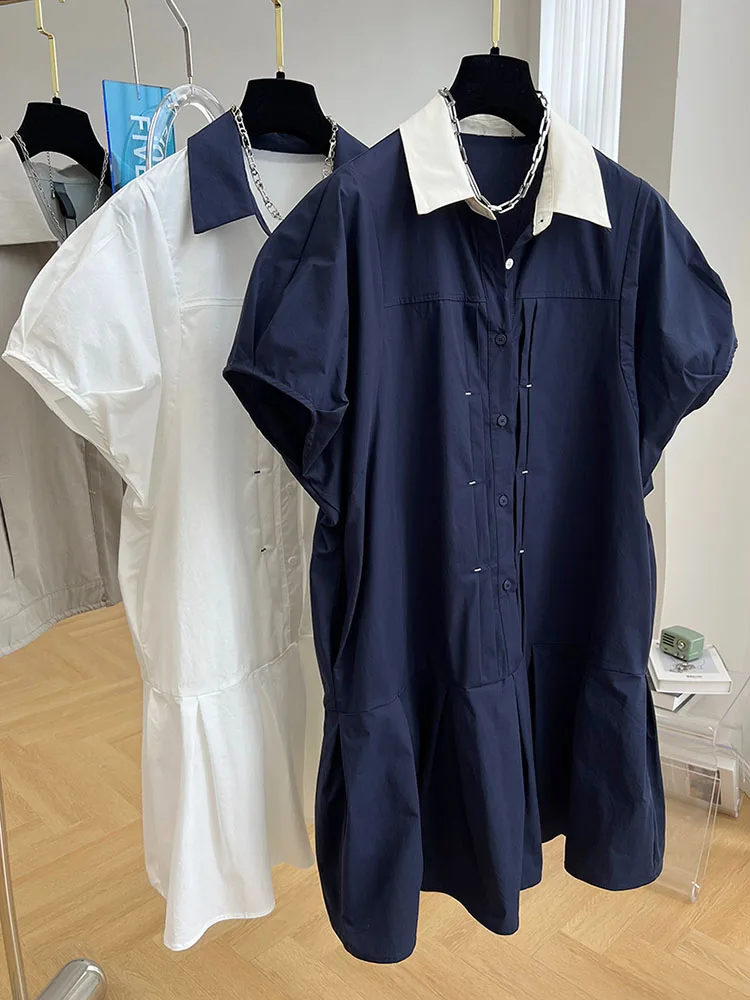 Fashion 2024 New Female Summer Vintage Casual Niche Design Sense Slim Dress Turn-down Collar Bubble Sleeve Shirt Dress