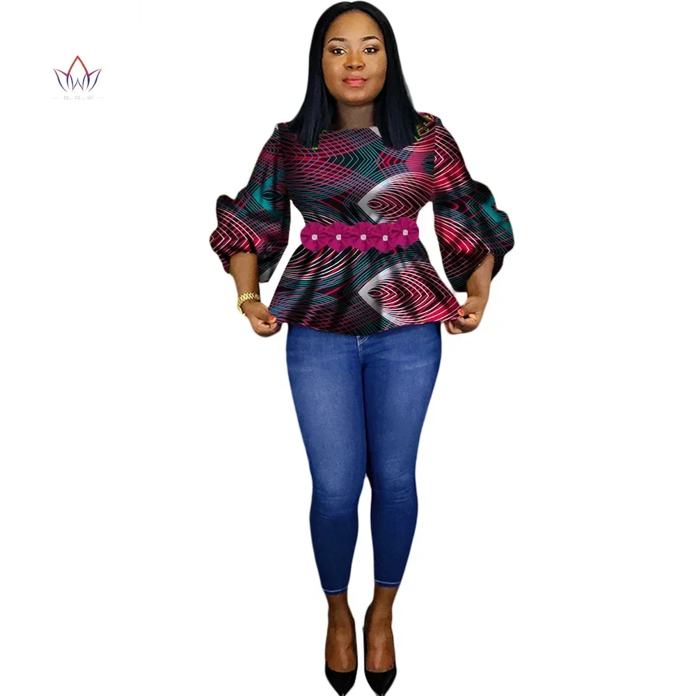 

Bintarealwax African Print Shirt for Women Dashiki Flower Africa Clothing Bazin Plus Size Traditional African Clothing WY2243