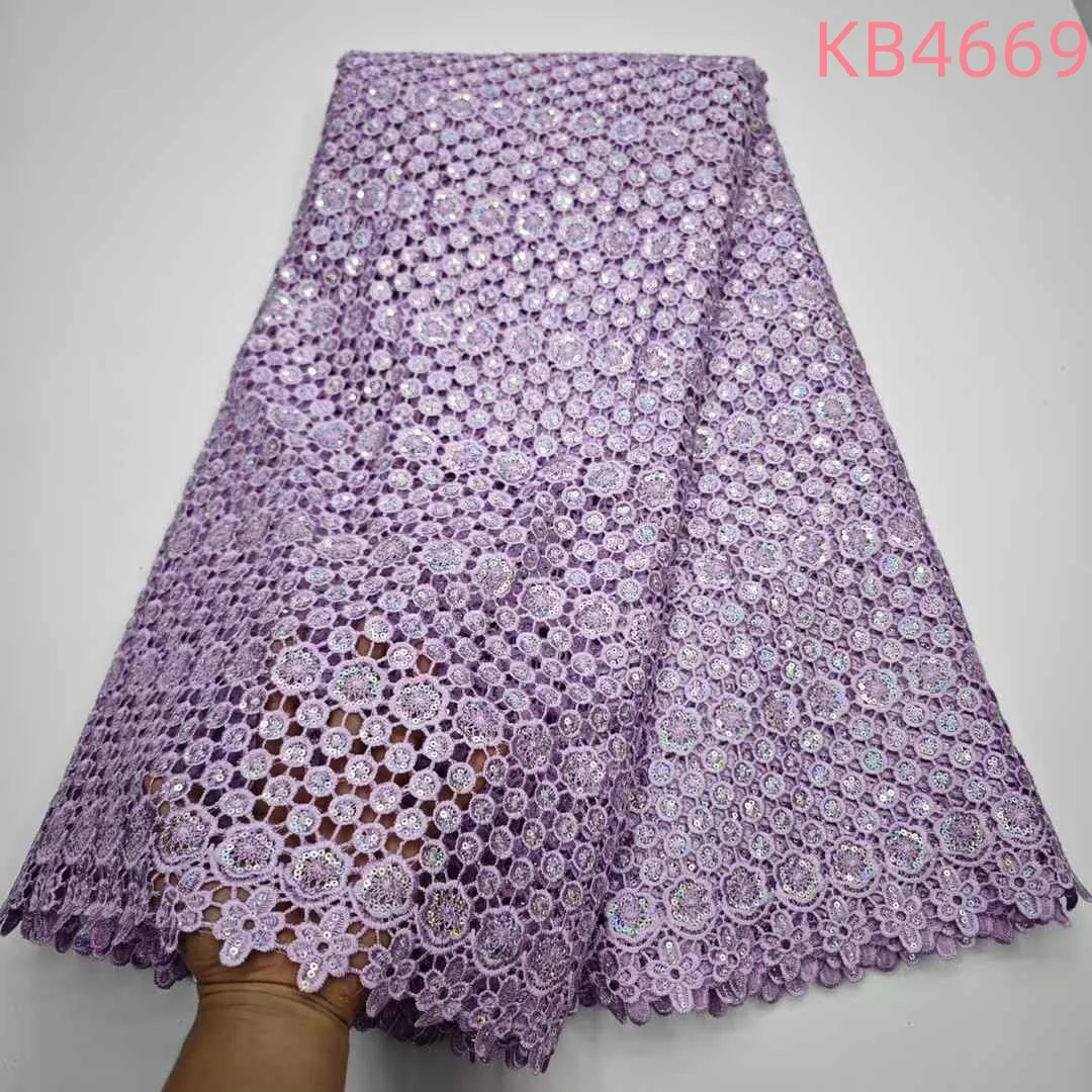 5 ヤード白スパンコールコードレース生地高級アフリカの結婚式の生地ナイジェリアギピュールコードレースシーケンス縫製 KB4669