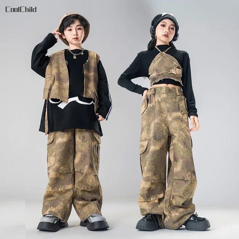 Boys Hip Hop Camouflage Vest Cargo Pants Girls Cool Street Dance Clothes Sets Kids Jazz Costumes Children Military Streetwear