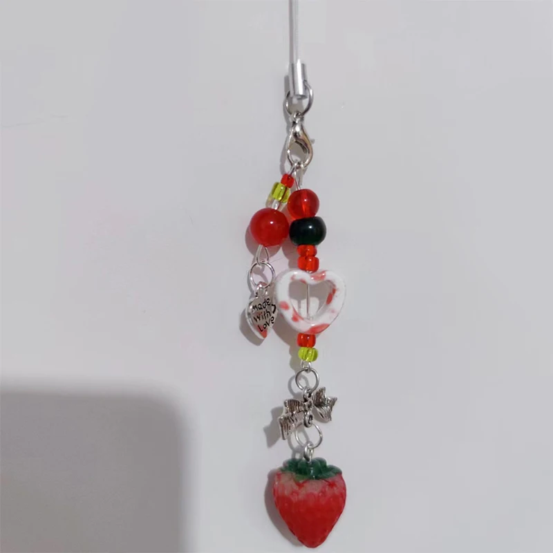 Sweet Cute Strawberry Phone Lanyard Girly Bow Heart Beaded Phone Chain Keychain Mobile Phone Strap Earphone Camera Charm