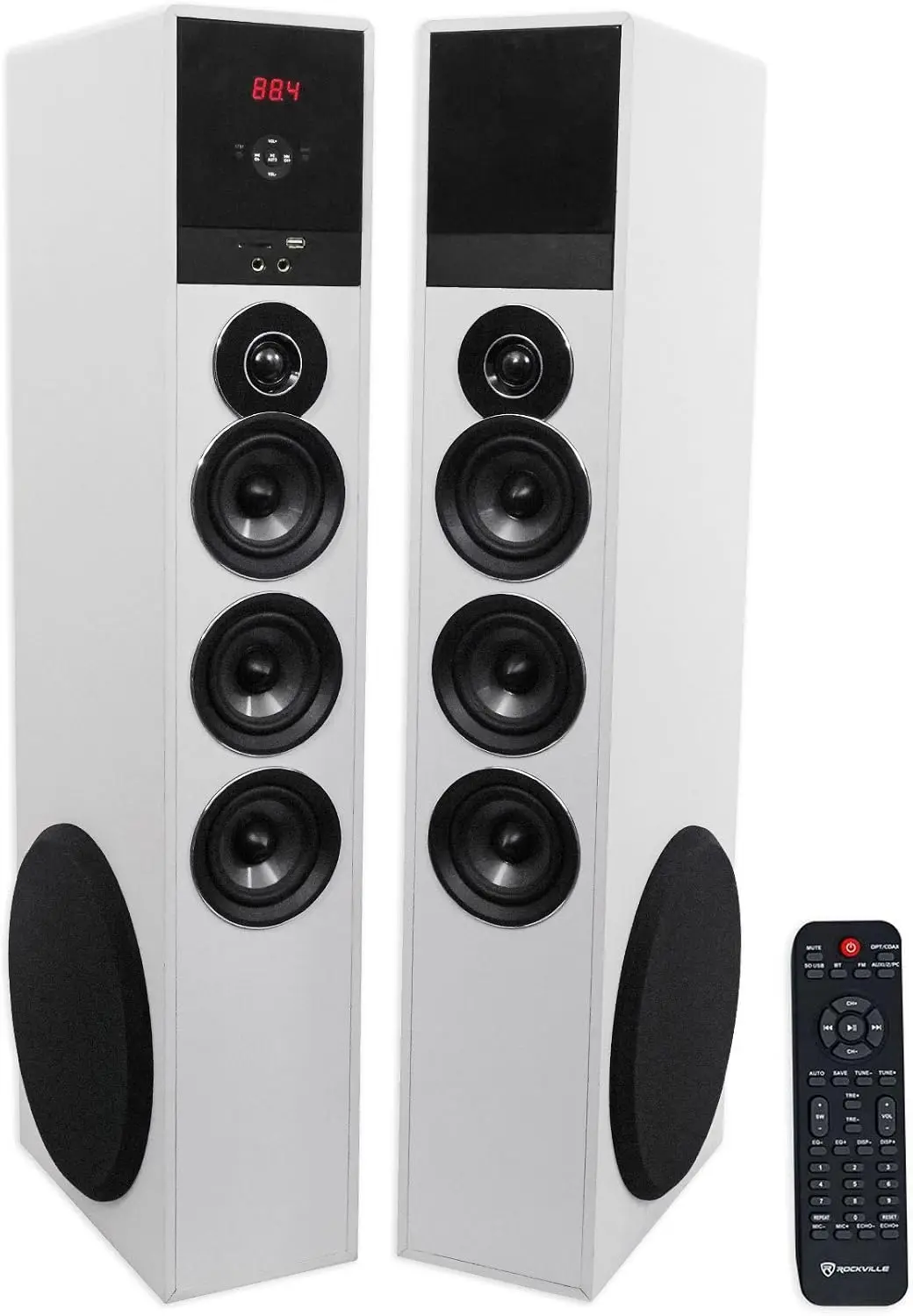 Powered Home Theater Tower Speaker System with 10-Inch Subwoofers, 1000W Peak / 250W RMS, Bluetooth, USB/SD Playback, Optical Input, FM Radio, 8-Band EQ, Karaoke Ready, Mic Inputs, Remote Control, White - Perfect for Home Entertainment