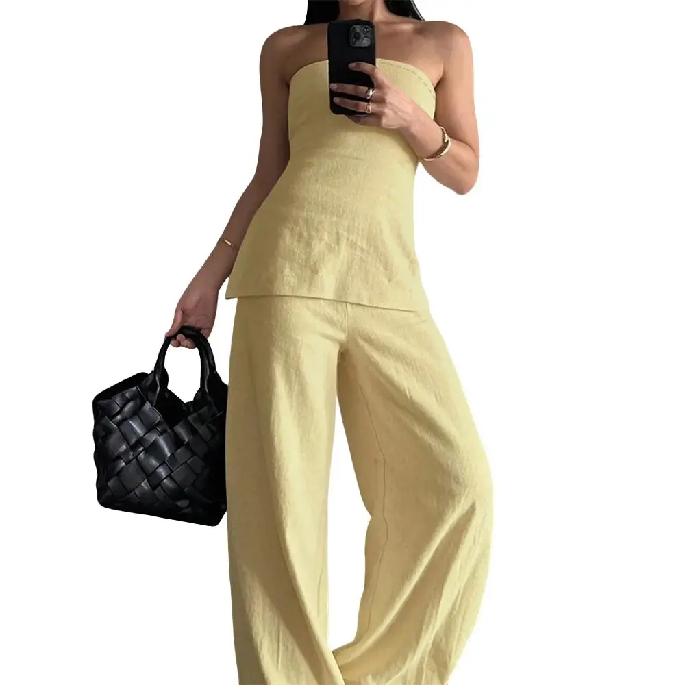 

Mia Muse Select Sets Sleeveless Off Shoulder Tanks Summer Casual PlainFull Length Loose Pants Office Lady Sets For Women