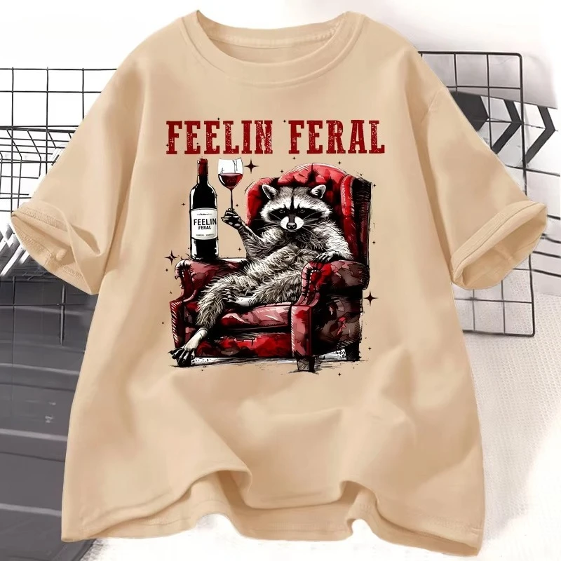 Funny Racoon Feelin Feral Wine T-shirt Animal Lover Sarcastic Raccoon Tshirts Kawaii Clothes Summer Women Men Tee Shirt Harajuku