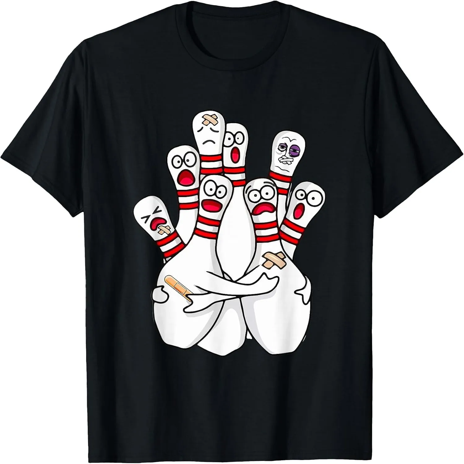 Funny Bruised Bowling Pins Group Hug Cartoon Graphic T-Shirt