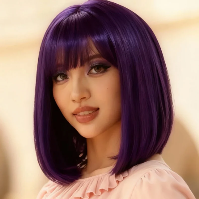 Purple synthetic wig 12 inches, suitable for women's Christmas and Halloween party role-playing