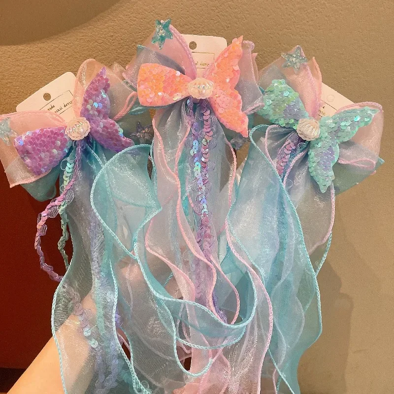 1Pair Dreamy Mermaid Fairy Bow Strap Hair Clip Fairy Air Mesh Side Clip Children's Princess Hair Accessories Daily/Party Style