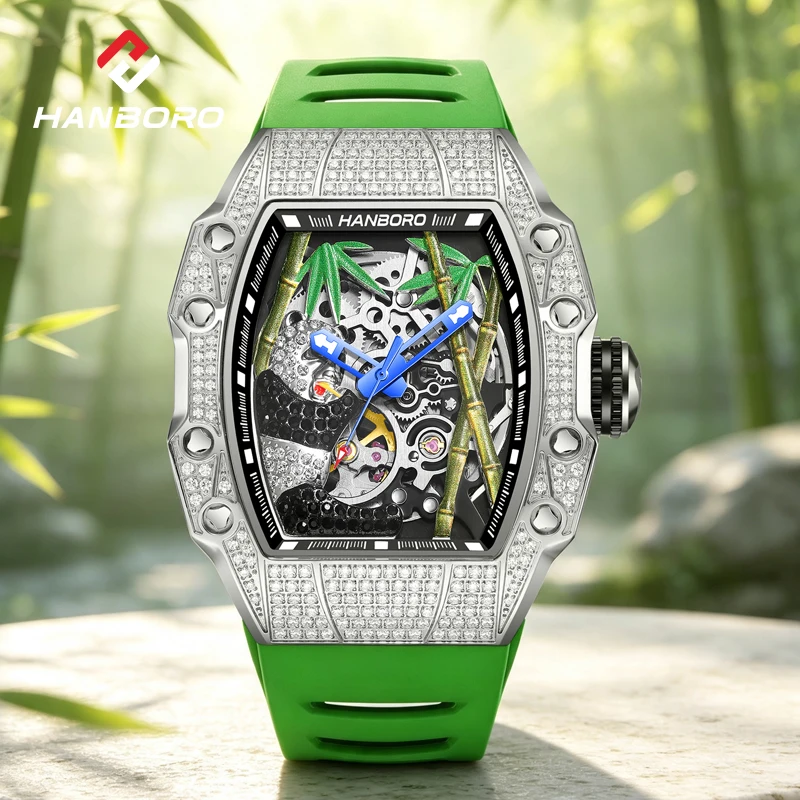 HANBORO Ice Hollow Herren Panda Weinfass Skelett Vollautomatische Mechanische Uhr Grün Spaßige Mode Hip-Hop Sportuhr