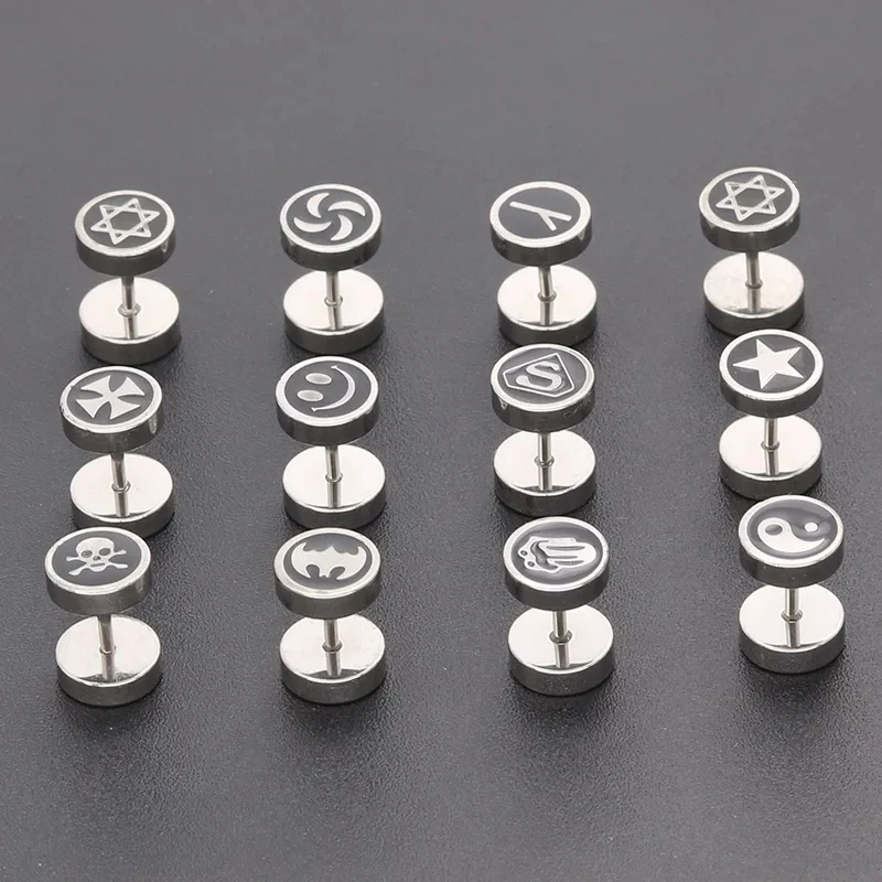 Stainless Steel Barbell Dumbbell Studs Earrings For Men Women Punk Gothic Pattern Earrings Fashion Piercing Jewelry Wholesale