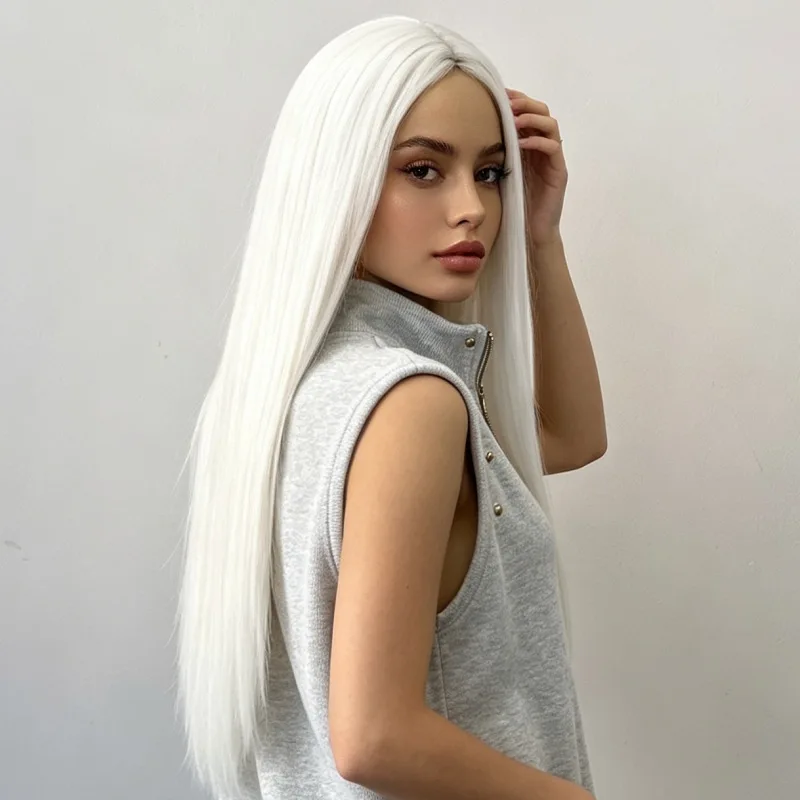 White center-parted long straight synthetic wig - Halloween cosplay character costume wig - daily wig - hot wire wig headband