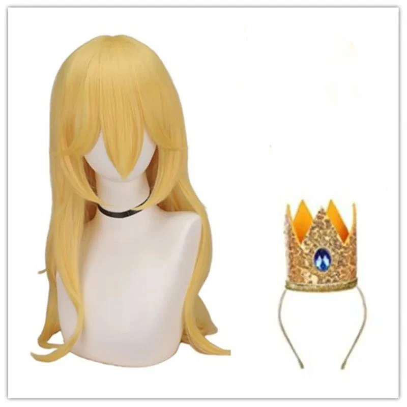 Brzoskwiniowa złota księżniczka peruka z grzywką brzoskwiniowa korona Cosplay długa kostium na Halloween peruka Anime