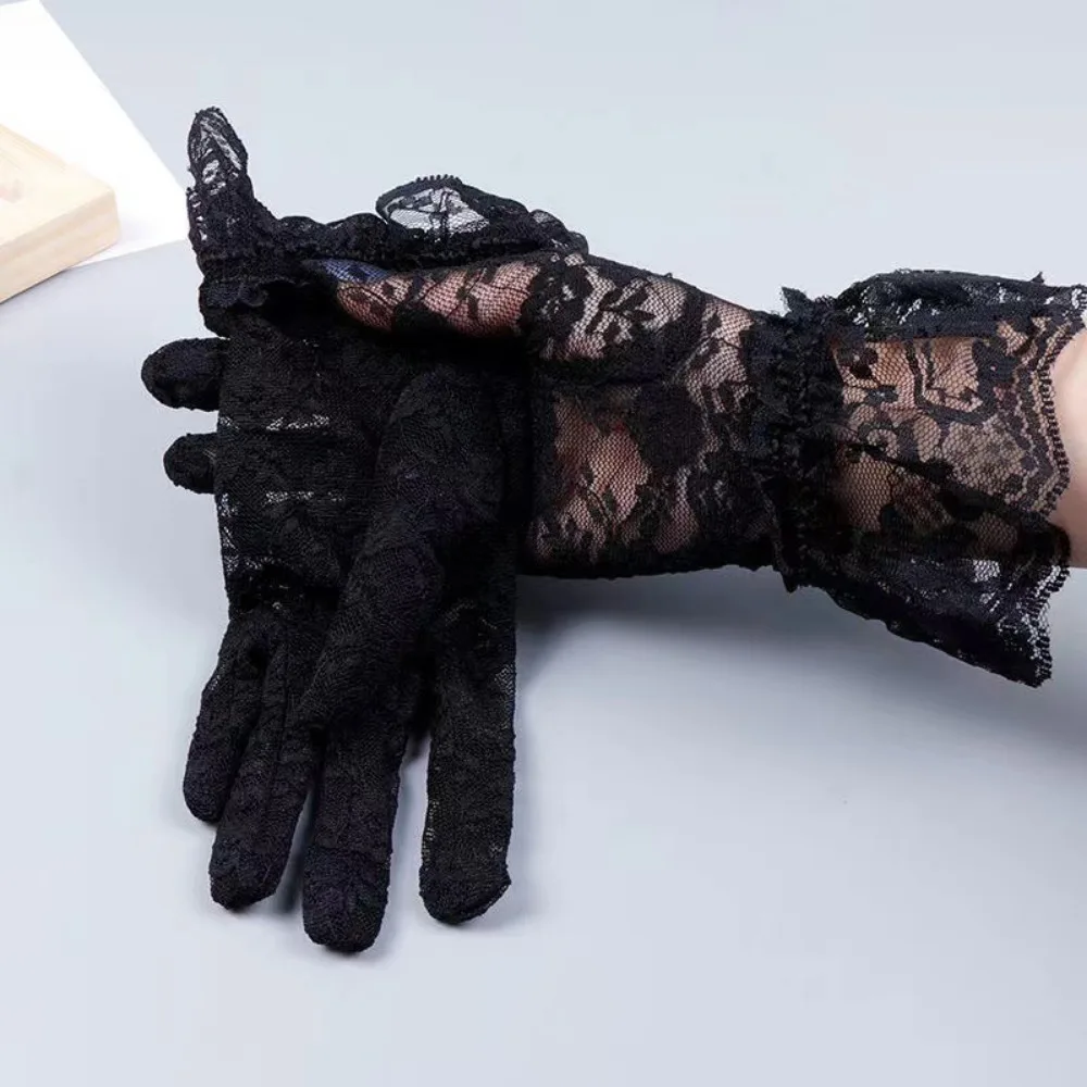 Women Thin Mesh Lace Gloves Fashion Ruffle Full Finger UV Proof Driving Mittens image 4