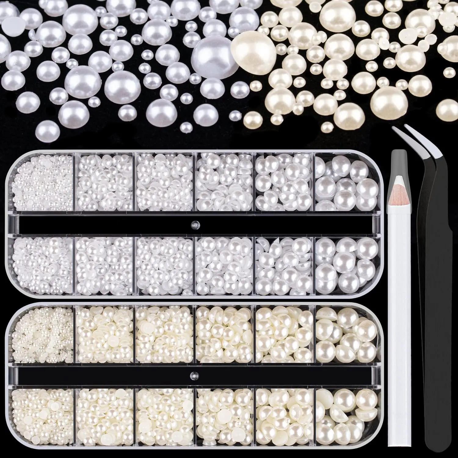 2700 Pcs Flat Back Pearls Kits 1 Box of Flatback White+1 Box of Beige Half Round Pearls  Tweezer for Home DIY Face Makeup