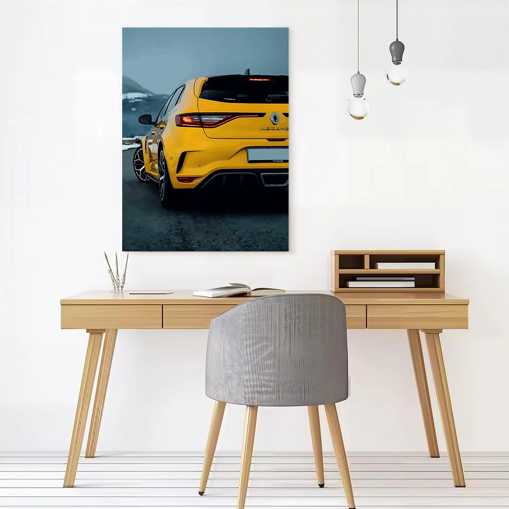 Yellow French Car Megane RS Rear View Printed Canvas Poster Custom Pictures Wall Art Canvas Painting for Interior Accessories