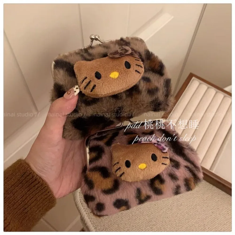 Kawaii Hello Kitty Wallet Cute Plush Leopard Pattern Portable Makeup Storage Bag Cartoon Mini Portable Bluetooth Earphone Bag