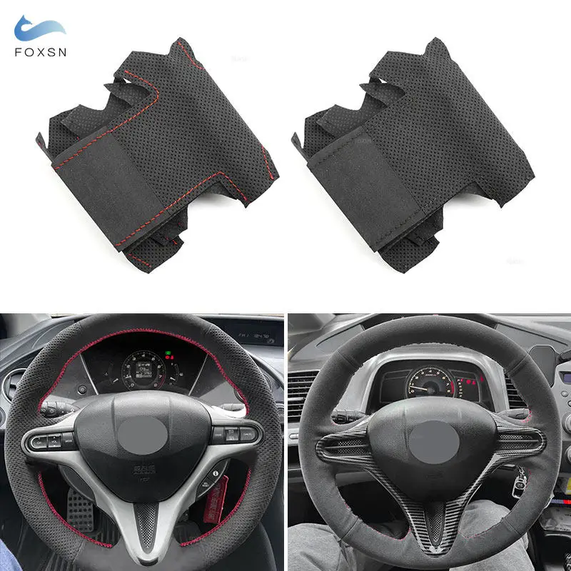 For Honda Civic 8th MK8 2005 2006 2007 2008 2009 2010 2011 Hand-stitched Car Steering Wheel Suede Perforated Leather Cover trim