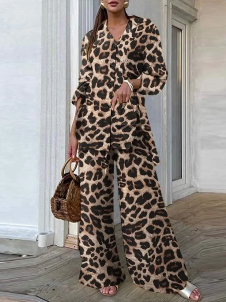 Fashion Leopard Print Autumn Suit Long Sleeve Lapel Shirt Tops & Loose Casual Wide Leg Pants Set Office Ladies Two Piece Sets