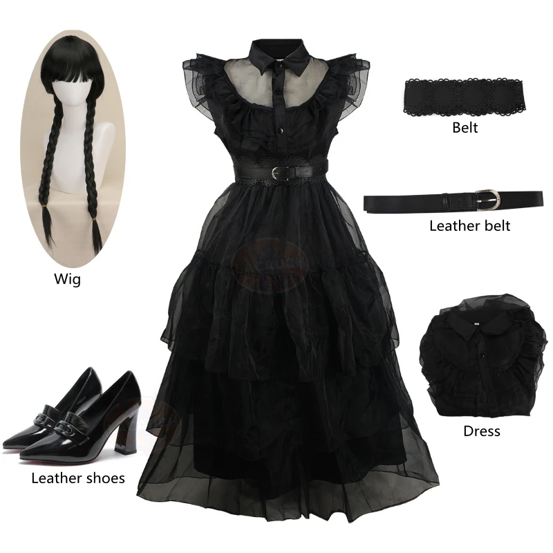 

Cosplay Wednesday Addams Dress Wig Wednesday Addam Cosplay Costume Adult Kid Black Long Skirt Gothic Prom Dress Party Girl Women