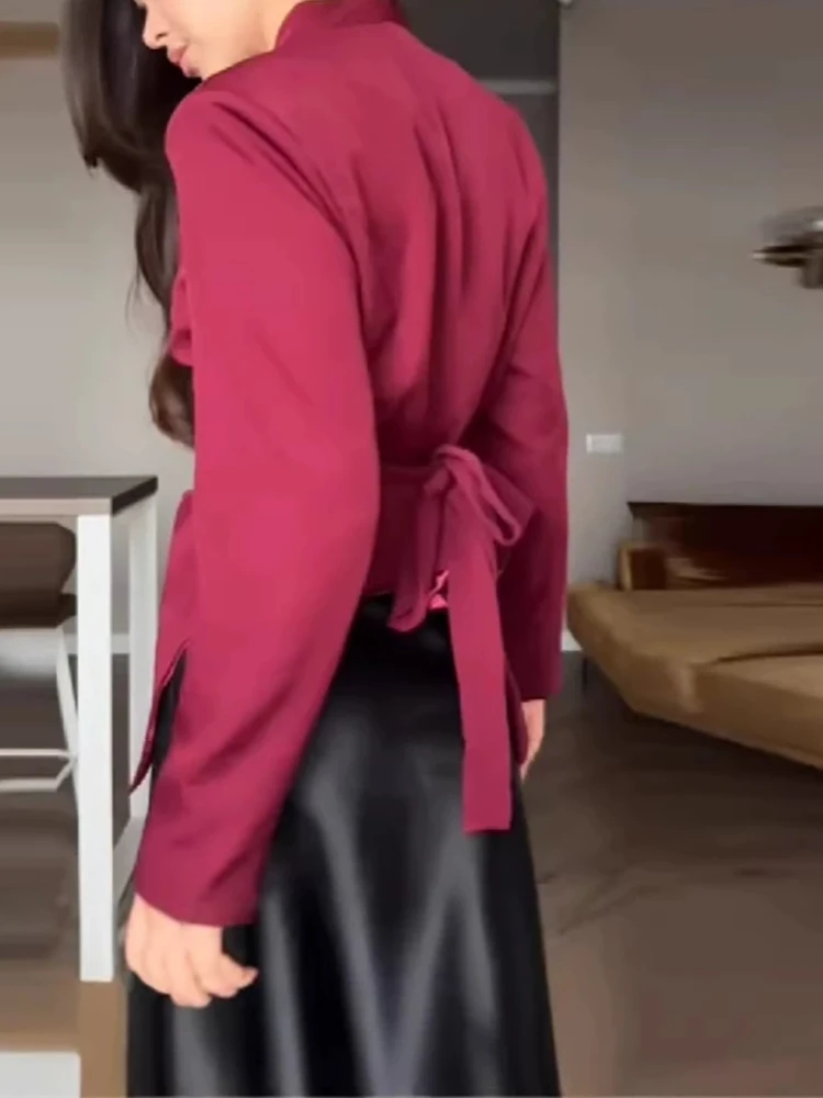 

Элегантная женская блузка с V-образным вырезом, однотонная, приталенная, с длинными рукавами, на шнуровке, для офиса, весна