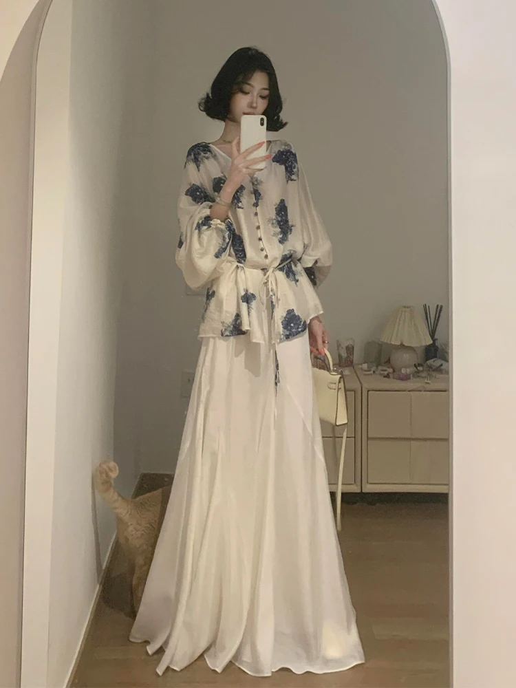 

Summer Fashion Large Size Women's Shirt And Skirt Set Dyeing Technique White Blouse Midi Skirt Comfortable Loose Fit Ensemble