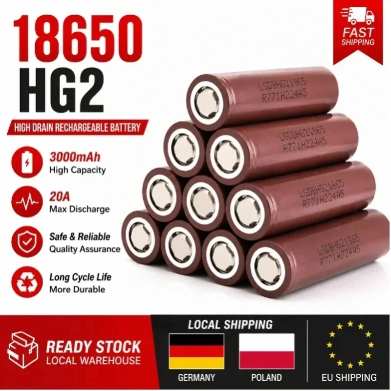 18650 Li-Ion Akku-Zelle 3.7V 3000mAh 20A mit flachem Anschluss, Ersatz für HG2 RC Racing Drone, tragbarer Winkelschleifer, Elektrowerkzeug-Akkupack, DIY, EU Schnellversand, lange Lebensdauer