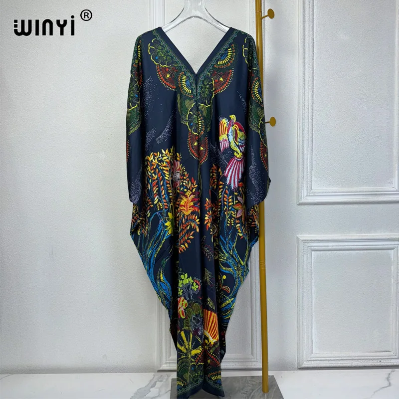 WINYI summer kaftan kuwait Women print Beach cover-ups dress abaya dubai luxury abaya muslim woman dubai Fashion evening dress