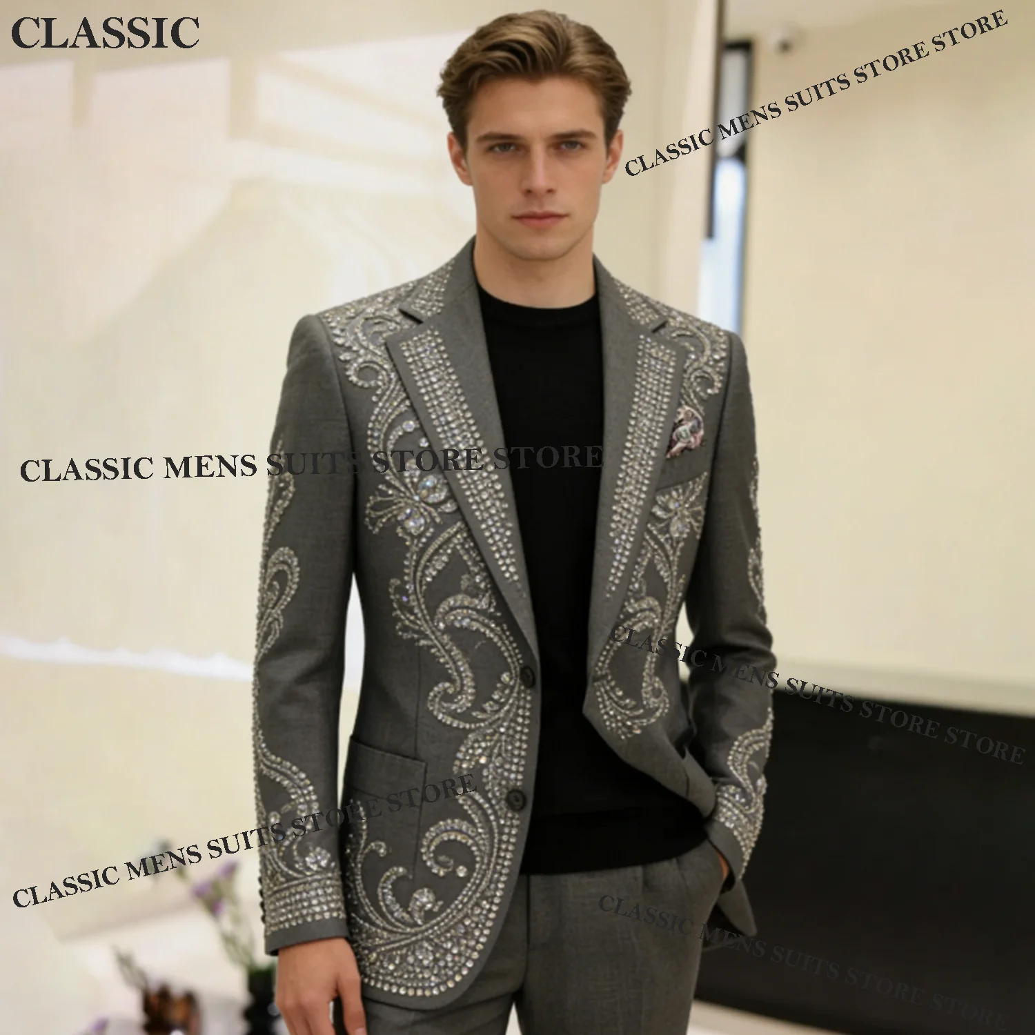 

Customized Embroidery Crystal For Men Suit Handmade Sequin 2 Pieces Groom Male Blazers Ropa hombre Glitter Slim Wedding Tuxedos