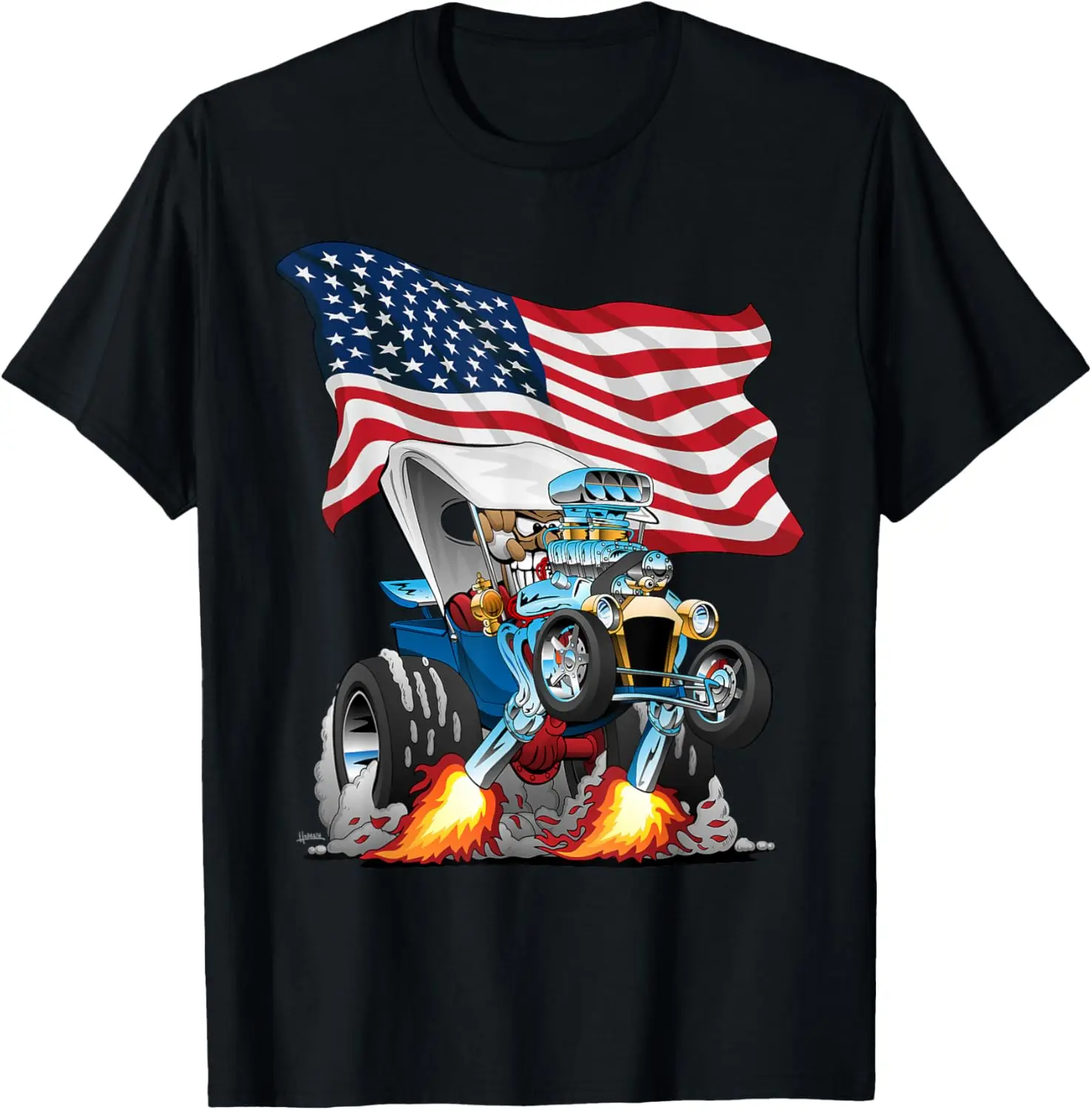 T-bucket Style Car Hotrod USA Flag Patriotic Cartoon Design T-Shirt