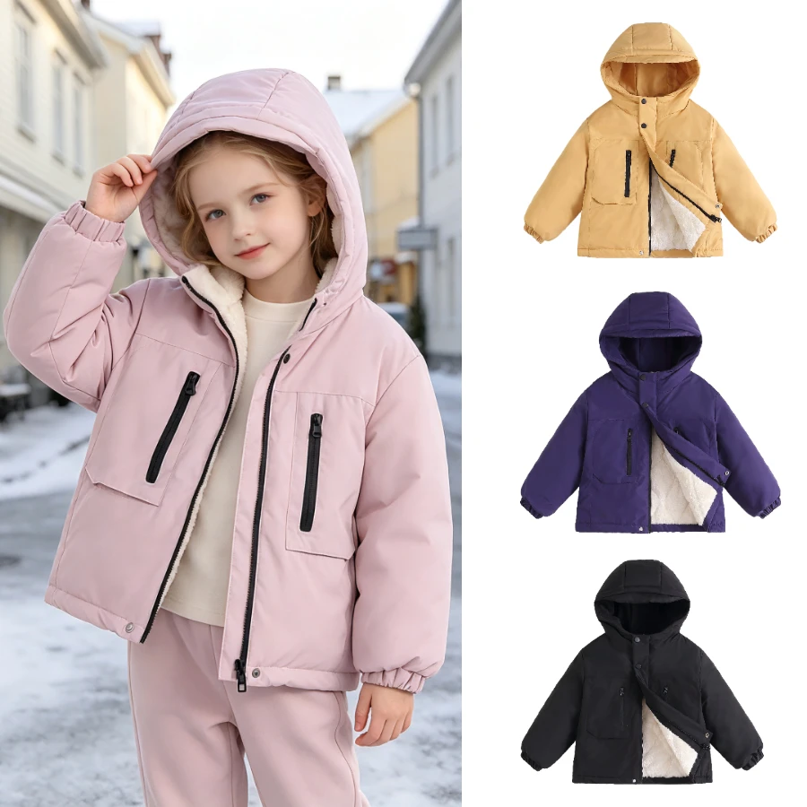 Kids Hooded Fleece Lined Winter Jacket Windproof Waterproof Padded Coat with Utility Pockets Boys Girls Warm Outdoor Outwear