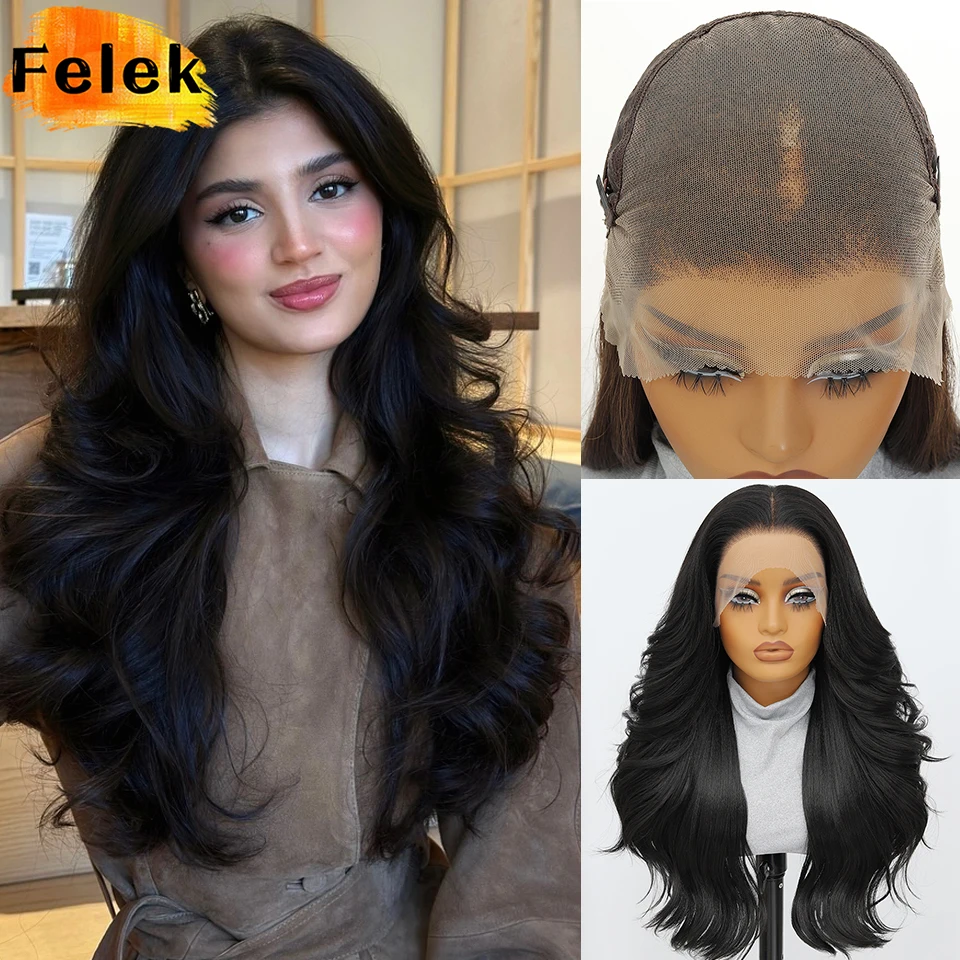 Black 13x6 Body Wave Layered Wigs with Bangs for Women 24 Inch Synthetic Pre Plucked Hairline Lace Frontal Wigs for Afro Female