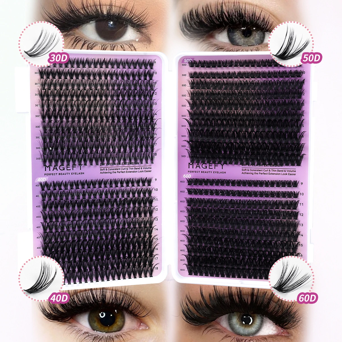 MAGEFY DIY zestaw do przedłużania rzęs 800 szt. klastry rzęs 80D/100D delikatne pojedyncze rzęsy Mix 9-18mm klastry przedłużanie rzęs — zdjęcie 3