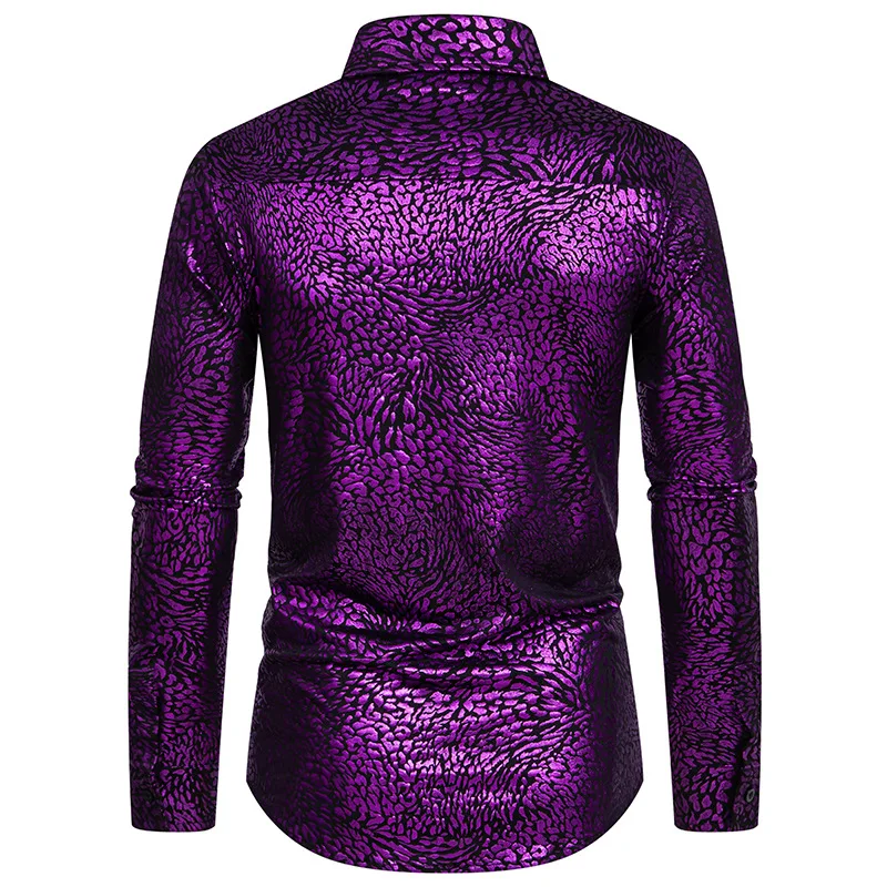 Men's Purple Dress Shirts For Party Hip Hop Leopard Print Long Sleeve Tuxedo Shirts Male Stylish Trend Nightclub Banquet Chemise