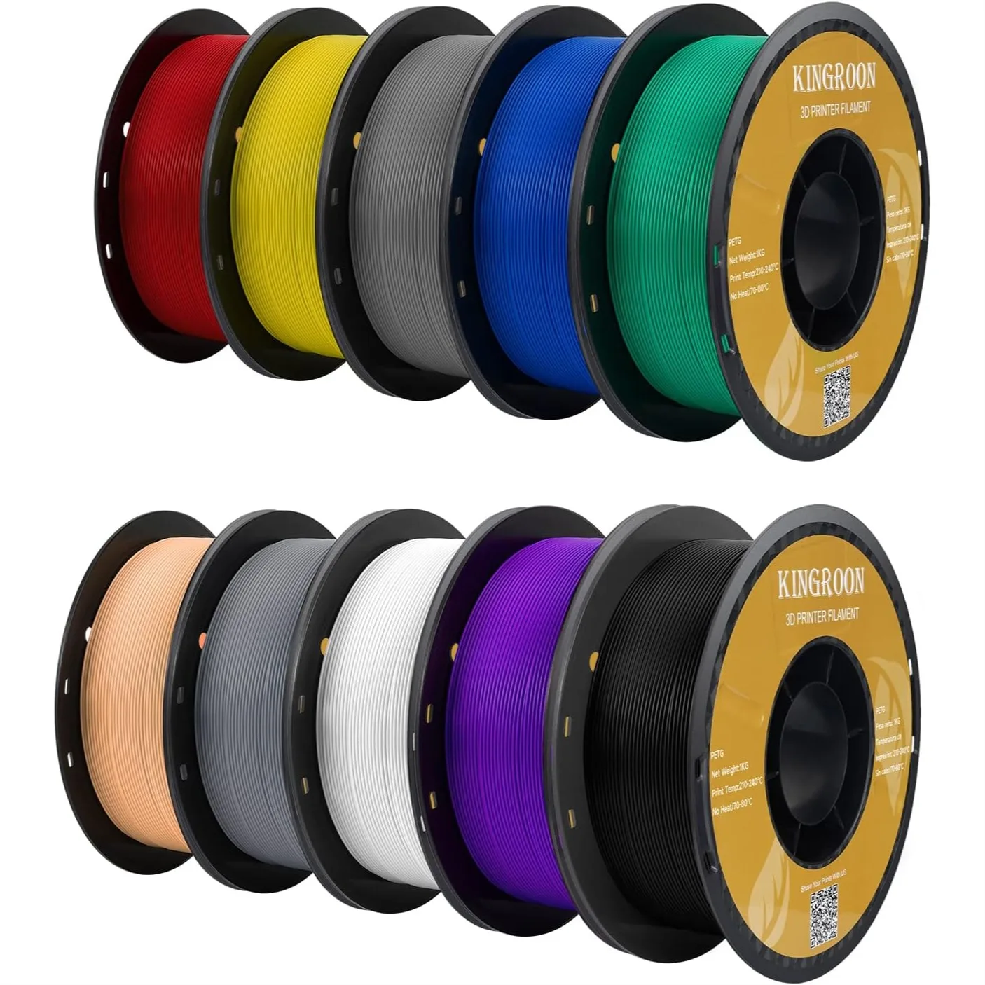 PETG 3D Printer Filament 10 Rolls 1.75mm, Dimensional Accuracy +/-0.03mm, 10kg Spool (22lbs) for FDM Printers