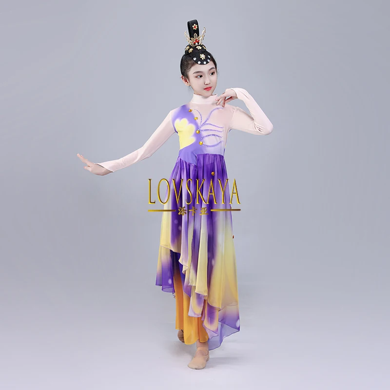 New children classical dance costumes women fan dance purple butterfly costumes