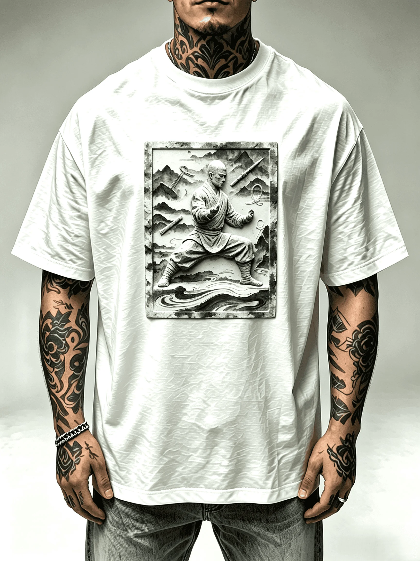 3D Stone Relief Shaolin Monk Kung Fu Graphic T Shirt Men Women Unisex Vintage Chinese Martial Arts Mountain Landscape Print Casual Streetwear Cotton Short Sleeve Tee