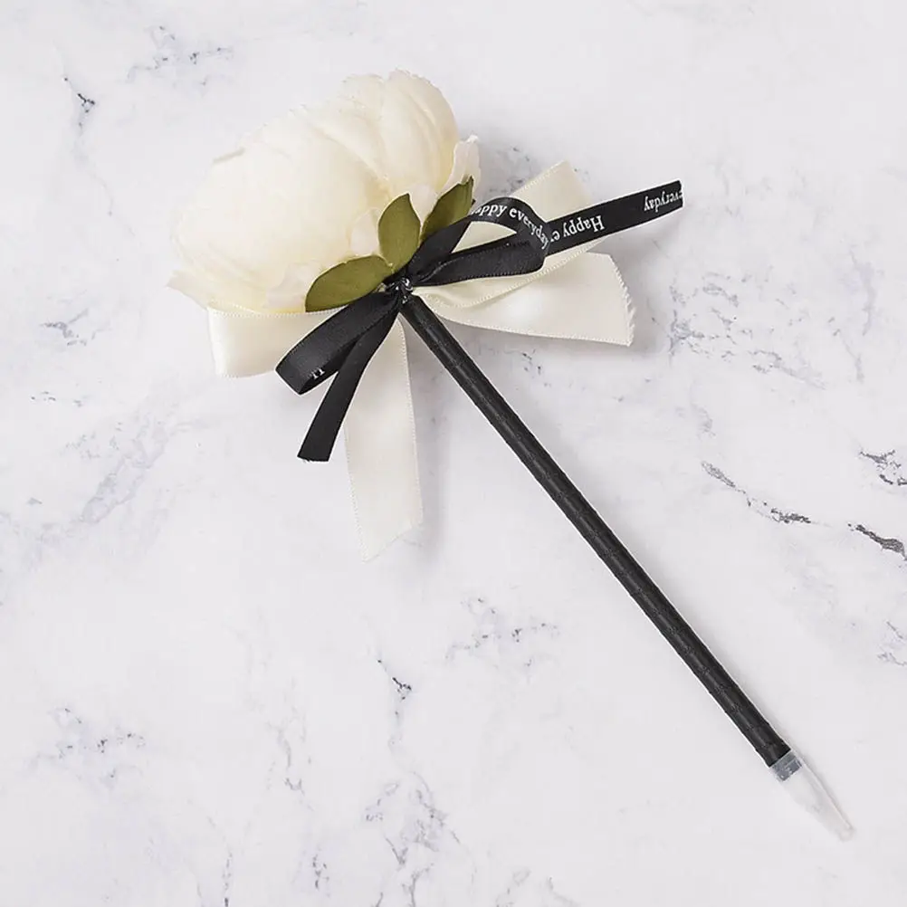 

5Pcs Peony Flower Ballpoint Pens with Vivid Artificial Flowers on Top Twist Ribbon Design Cute Fashion Stationery for Women