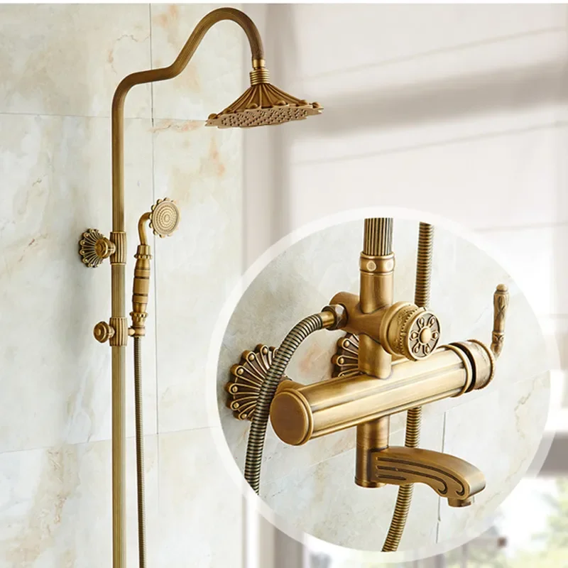 Imagem -05 - Antique Brass Bath Shower System Grupo Torneira do Banheiro Chuva com Cabeça de Pulverização Europa Bronze Torneira Misturadora