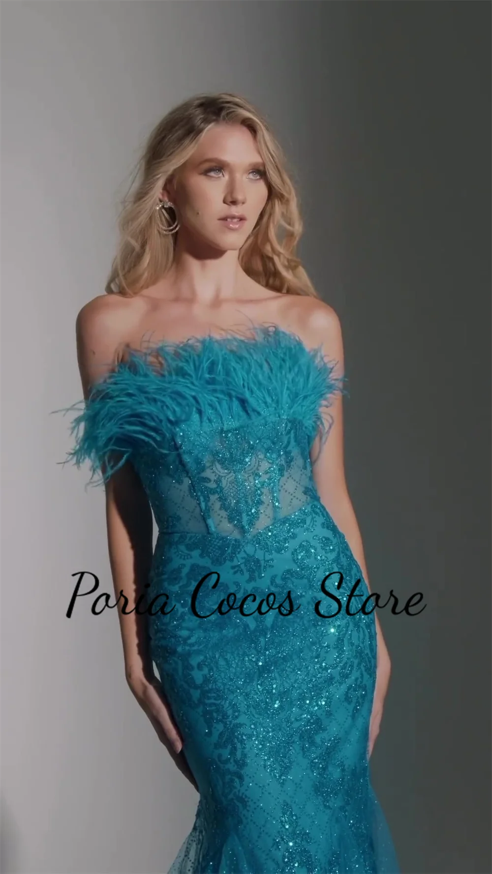 Mermaid Lace Party Dress Strapless Applique With Feather Backless Tulle Sexy Women's Floor Length Prom Evening Gown